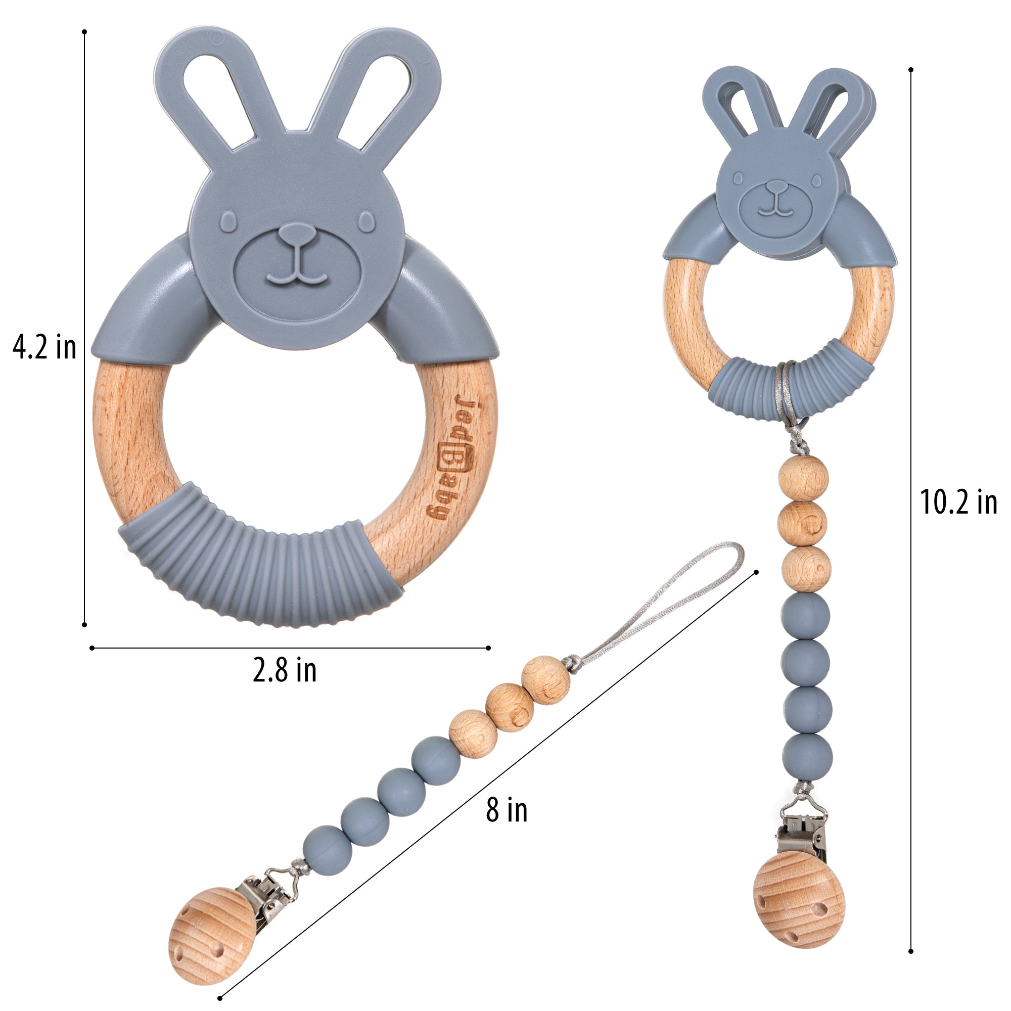 Baby Jedbaby Silicone and wood bunny teether and pacifier clip
