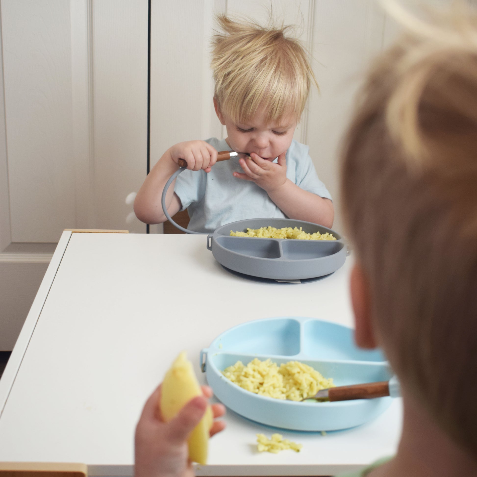 DropLess Plate twin boys gray starlight blue suction silicone plates