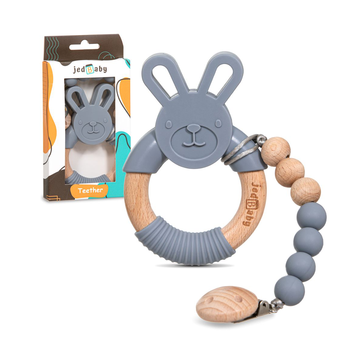 Baby Jedbaby Silicone and wood bunny teether and pacifier clip