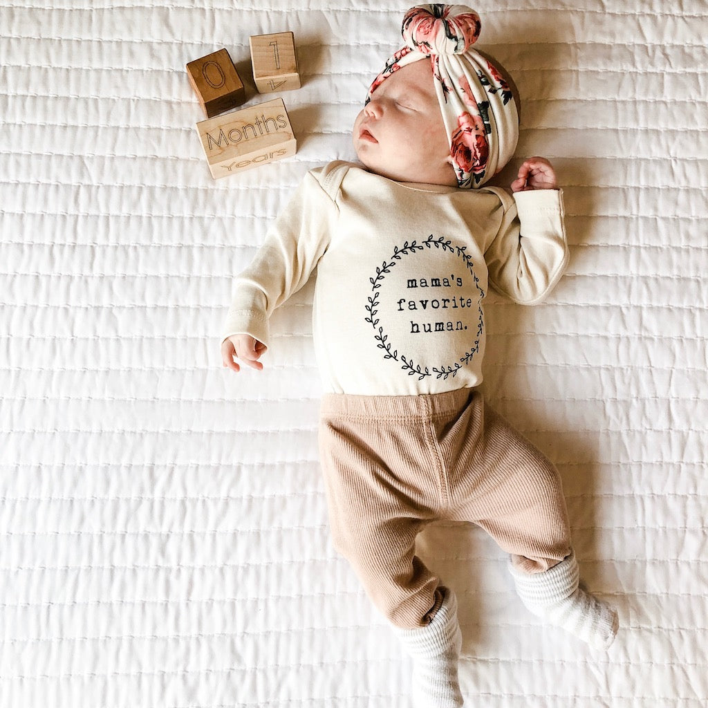 Baby Mamas Favorite Human Long Sleeve Bodysuit. Made in USA from 100% GOTS certified organic cotton. Jedbaby
