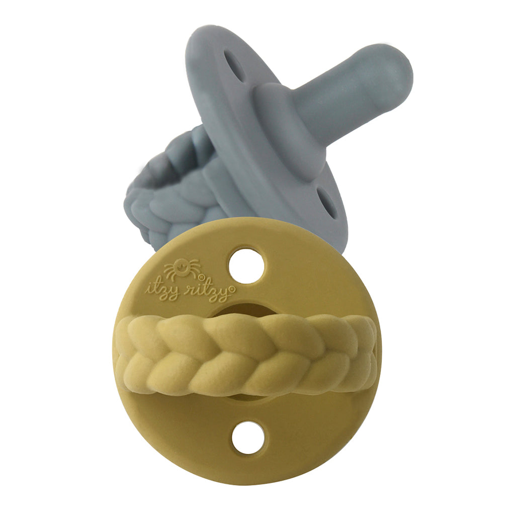 Newborn Infant Baby Itzy Ritzy 2pk Mustard Gray Braids Sweetie Soother Pacifiers. Jedbaby