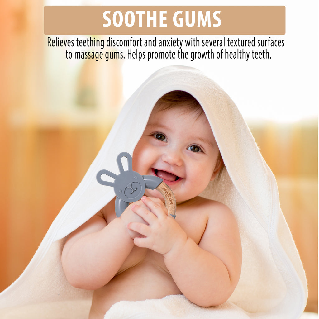 Baby Jedbaby Silicone and wood bunny teether and pacifier clip
