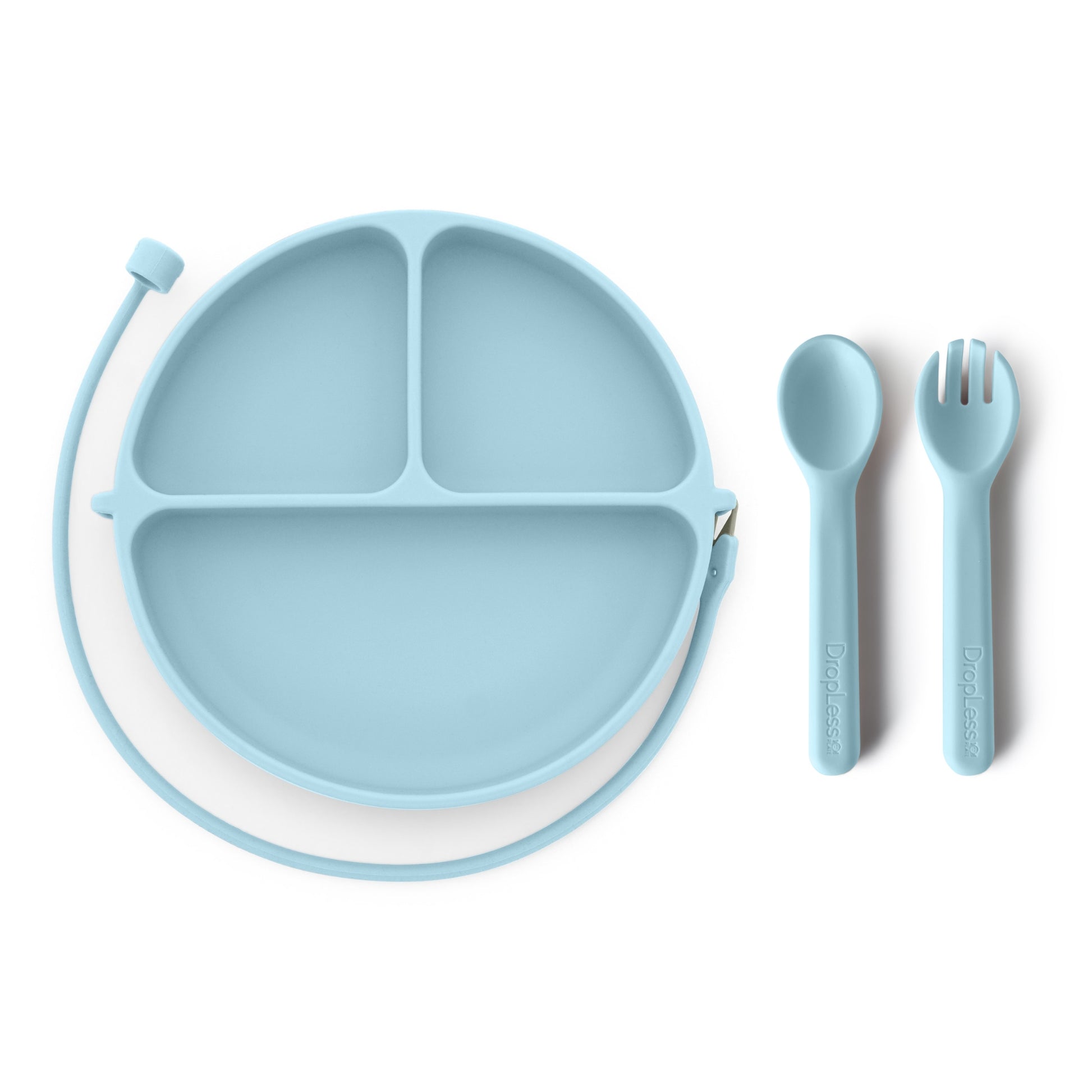Blue silicone plate with divided sections, spoon, and fork on a white background