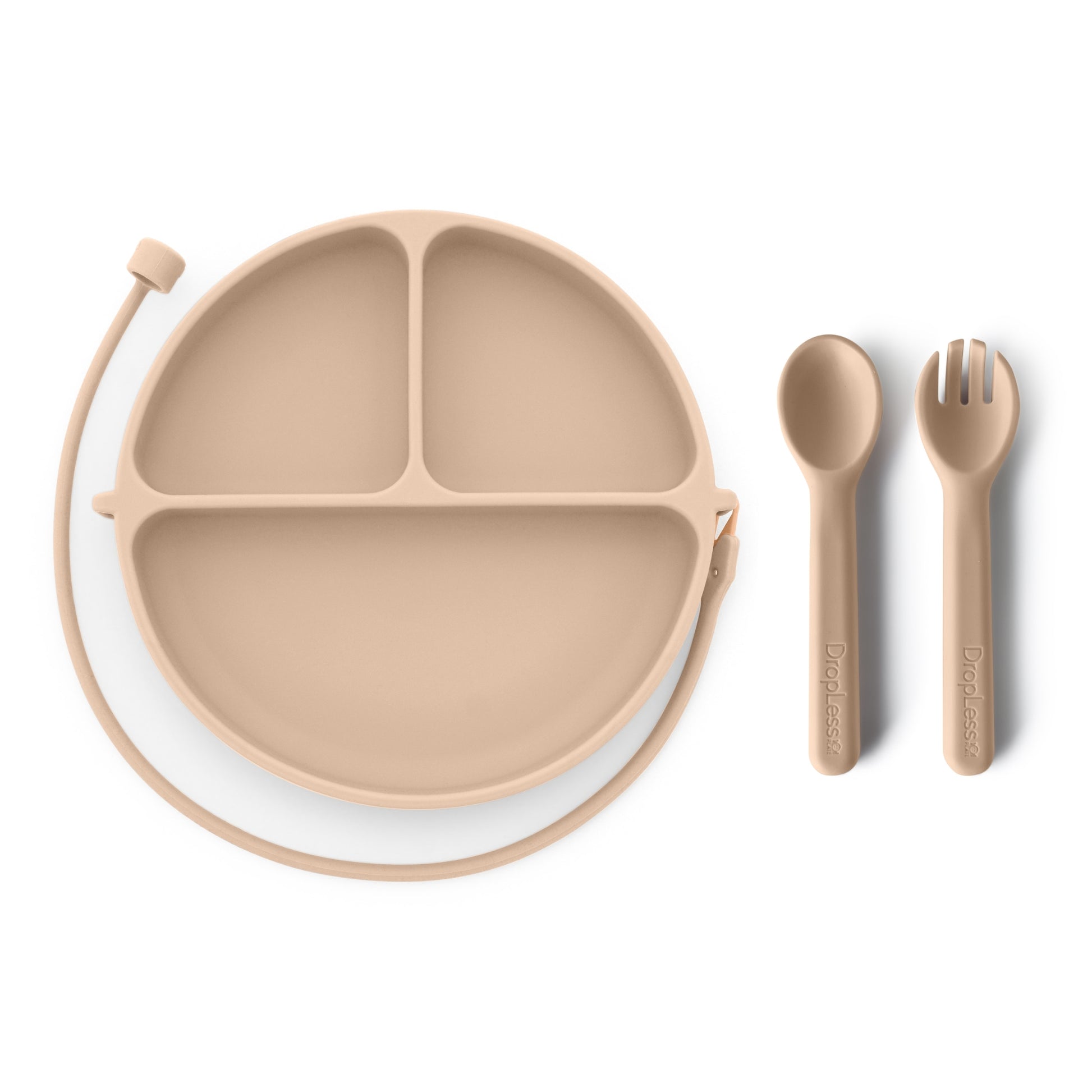 Children's beige plate with divided sections, spoon, and fork on a white background