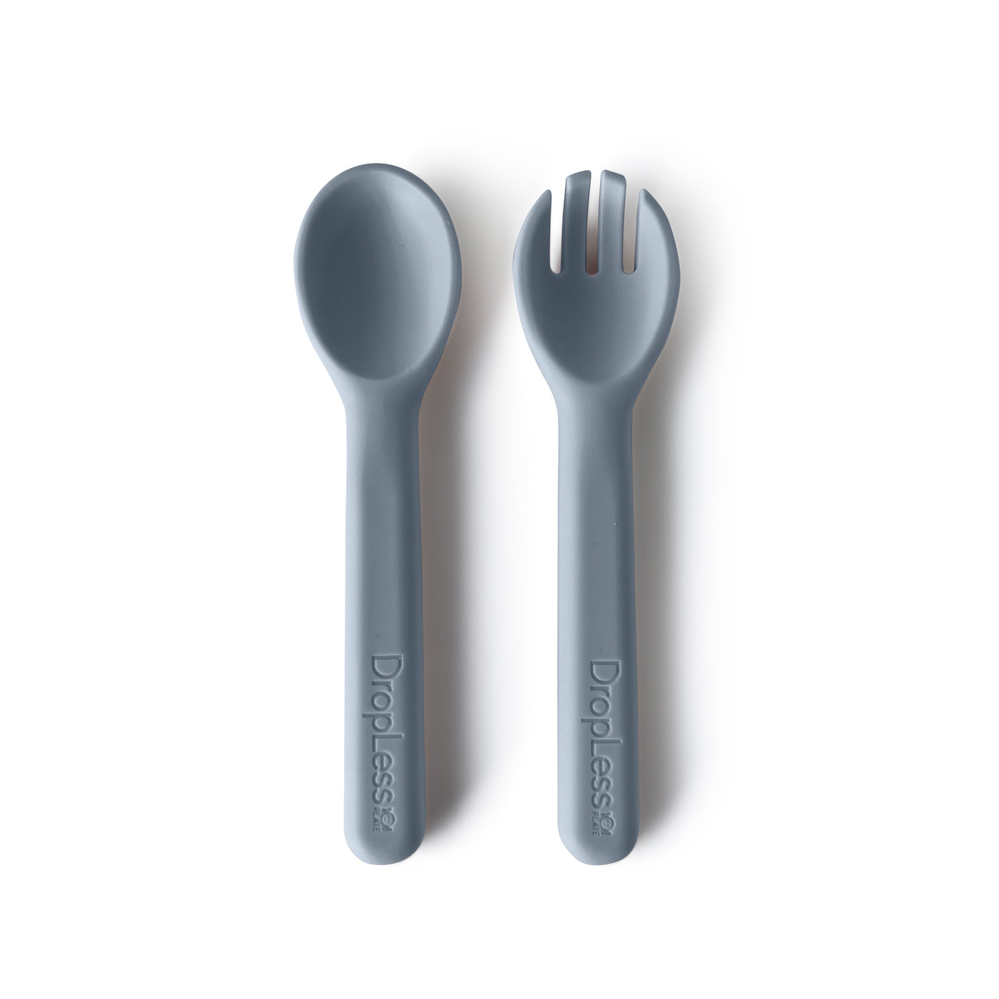 Gray spoon and fork set on a white background with 'DropLess' branding.