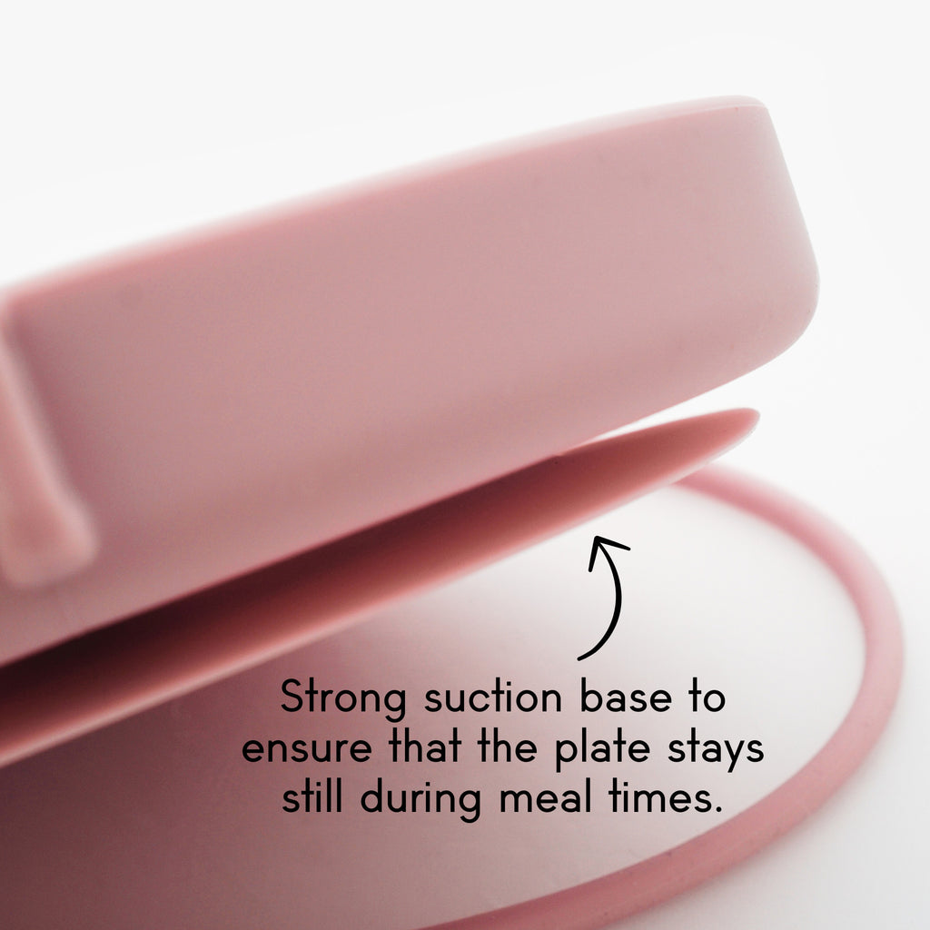 Pink suction plate with text on a white background