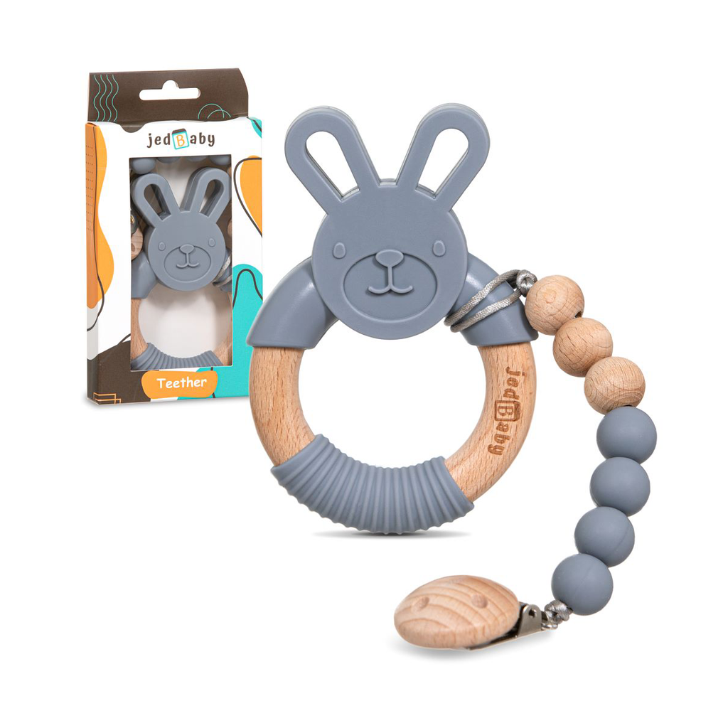 Baby Jedbaby Silicone and wood bunny teether and pacifier clip
