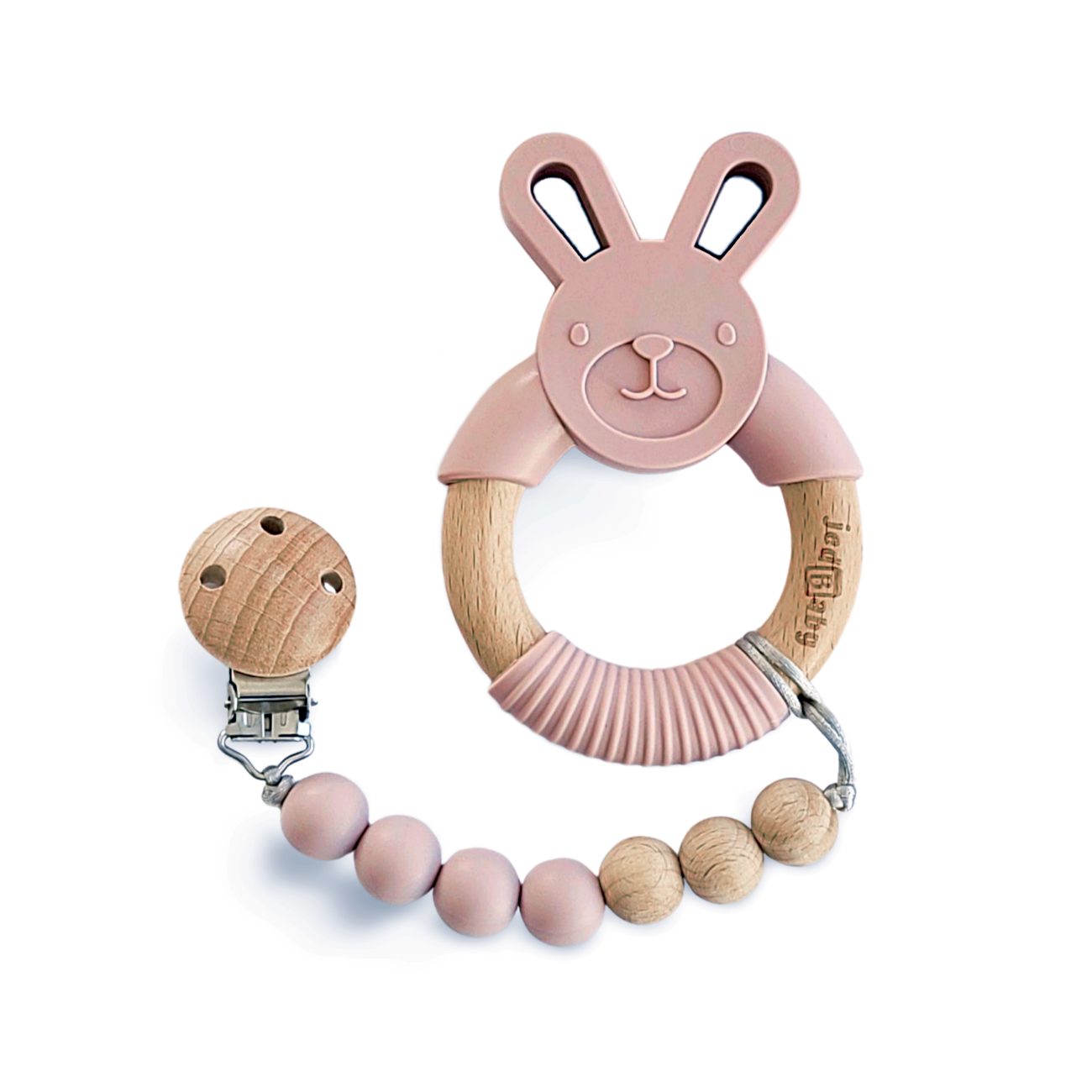 Baby Jedbaby Silicone and wood bunny teether and pacifier clip in Pale Mauve