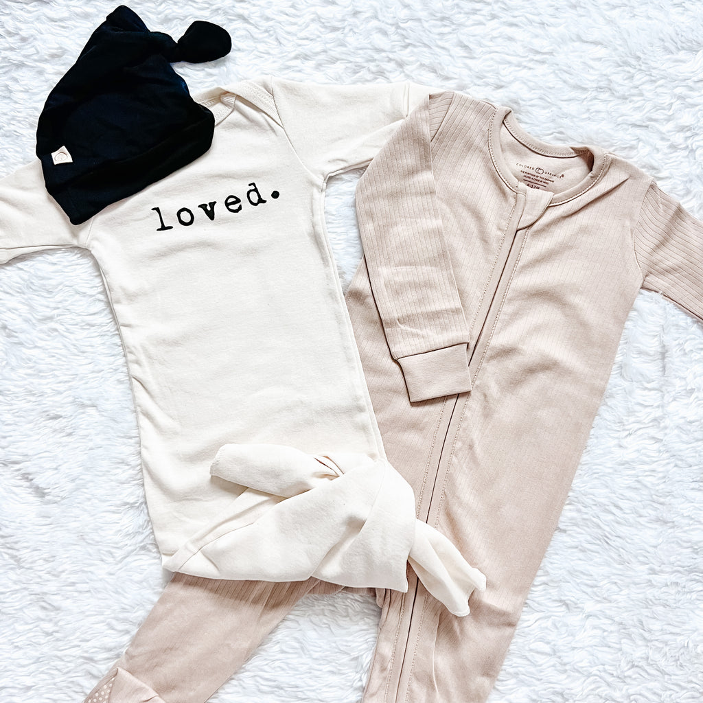 Loved Fold Over Mittens Newborn Tie Gown + Hat Set
