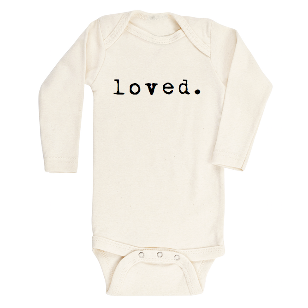 Baby Loved Long Sleeve Bodysuit. Made in USA from 100% GOTS certified organic cotton. Jedbaby
