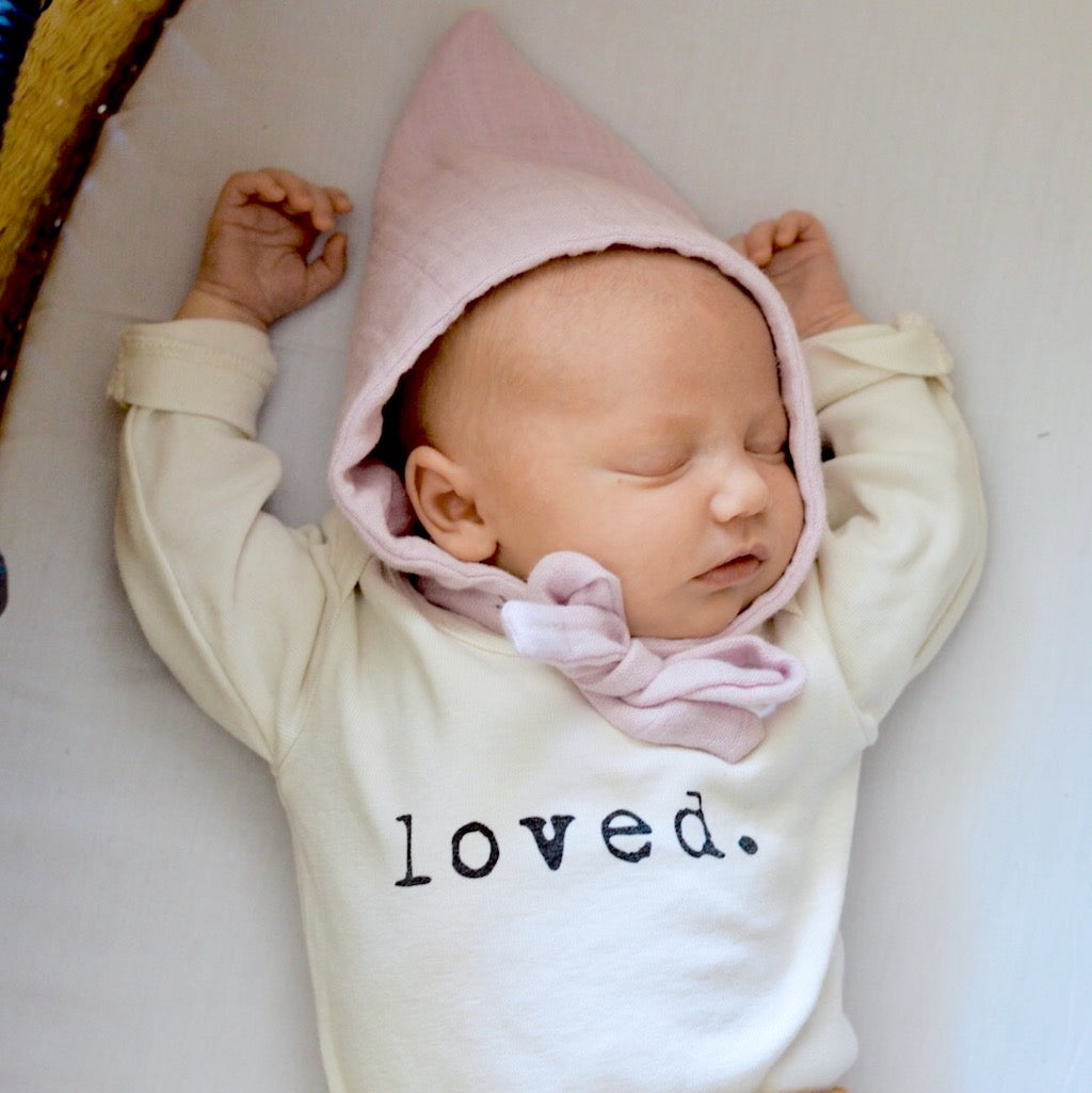 Baby Loved Long Sleeve Bodysuit. Made in USA from 100% GOTS certified organic cotton.