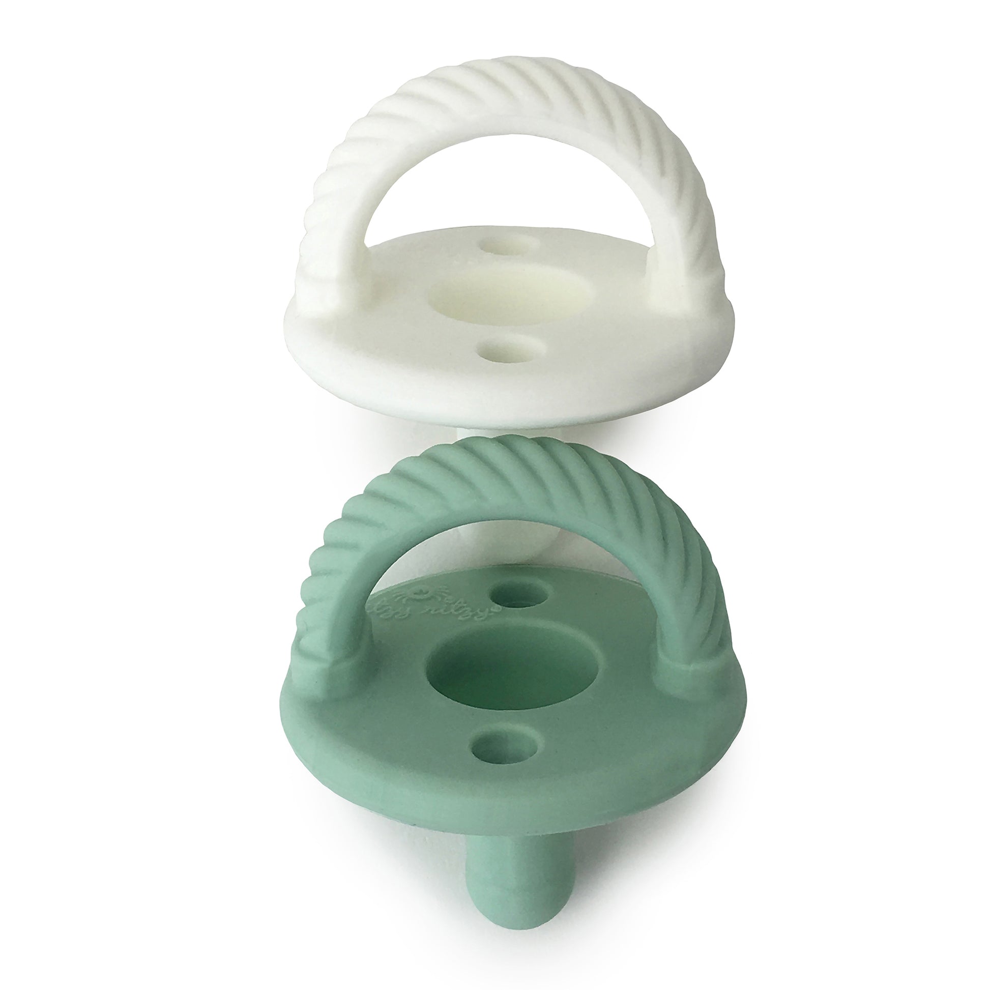 Newborn Infant Baby Itzy Ritzy 2pk Mint White Cables Sweetie Soother Pacifiers. Jedbaby
